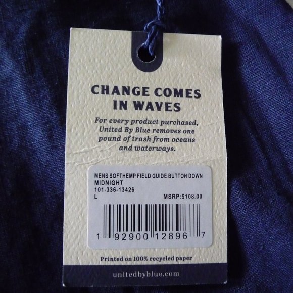 UNITED BY BLUE MEN  NAVY ORGANIC COTTON HEMP BUTTON DOWN LONG SLEEVE SHIRT LARGE - Picture 4 of 5